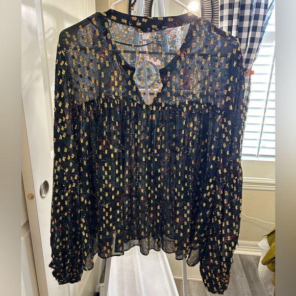 ZARA sheer with metallic thread blue floral printed blouse. Size XL.Boho chic. - Picture 5 of 7